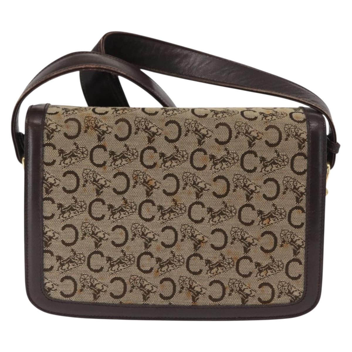 CELINE C Sulky Horse Carriage Shoulder Bag Canvas Beige Gold Auth 159431