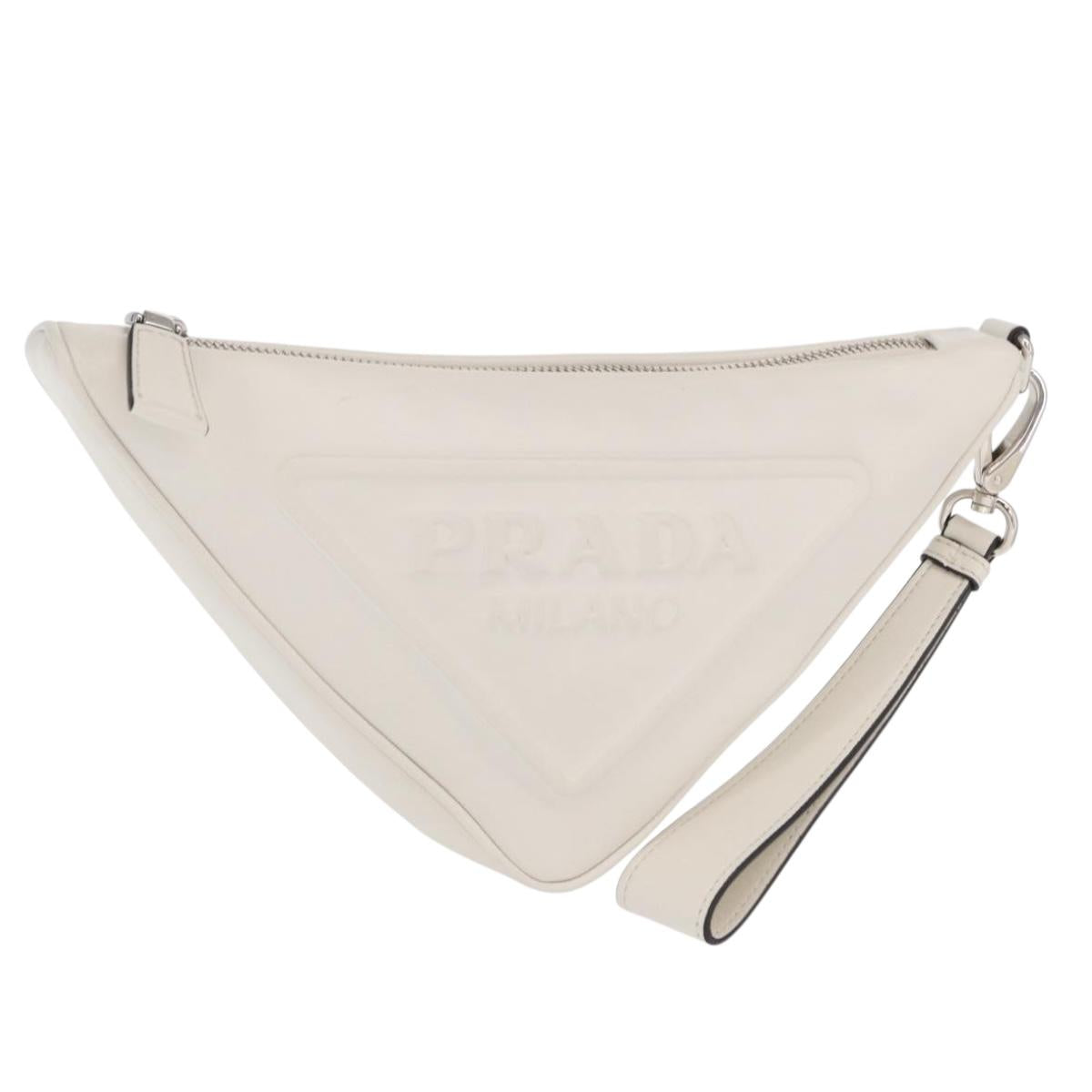 PRADA Clutch Bag Leather Silver White Auth 159445V