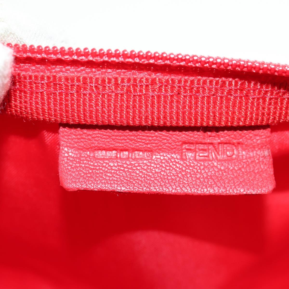 FENDI Zucchino Canvas Accessory Pouch Chain Red Gold Auth 159448V