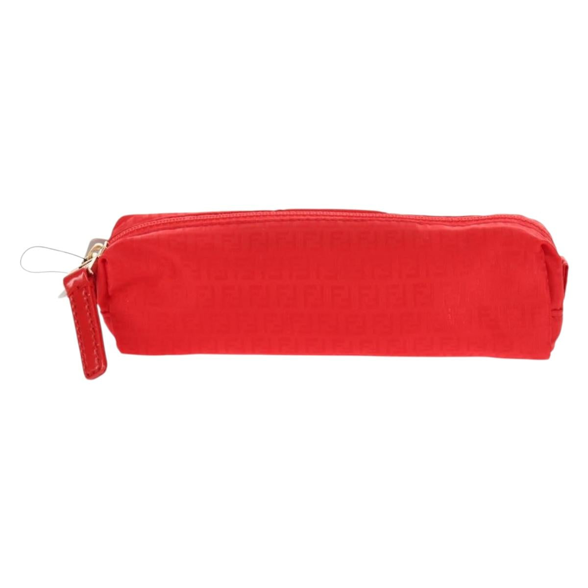 FENDI Zucchino Canvas Accessory Pouch Chain Red Gold Auth 159448V