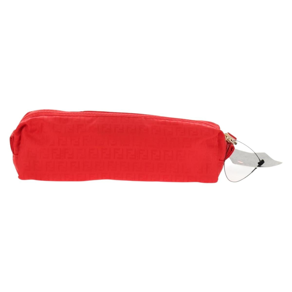 FENDI Zucchino Canvas Accessory Pouch Chain Red Gold Auth 159448V