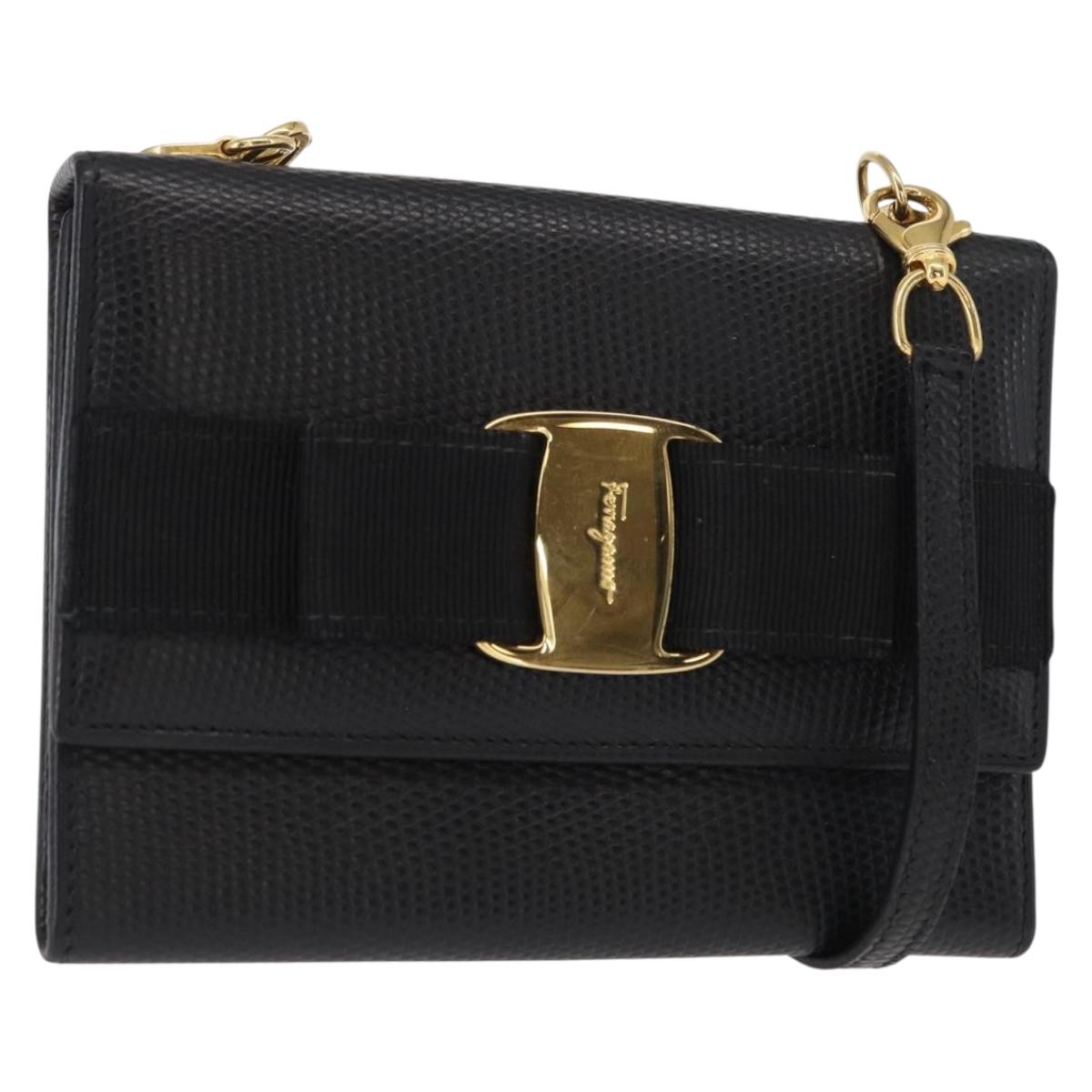 Salvatore Ferragamo Shoulder Wallet Vala Leather Black Gold Auth 159452
