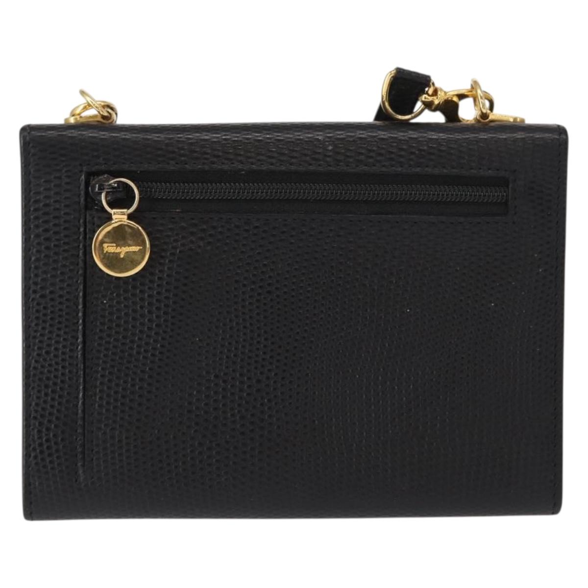 Salvatore Ferragamo Shoulder Wallet Vala Leather Black Gold Auth 159452