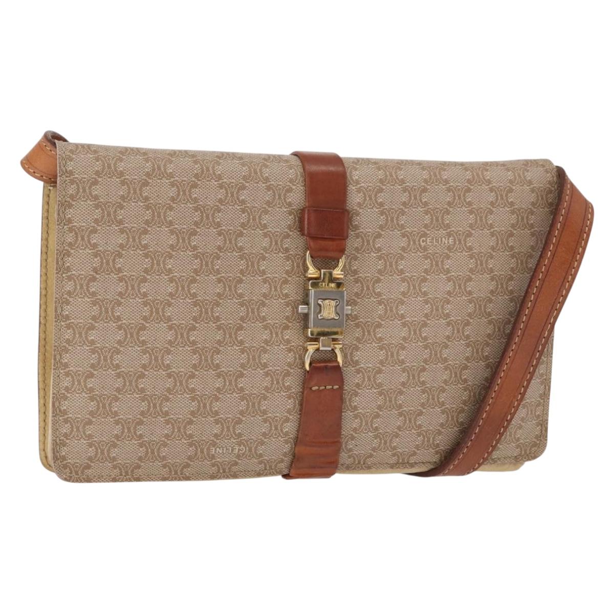 CELINE Macadam Canvas Shoulder Bag PVC Beige Gold Auth 159576