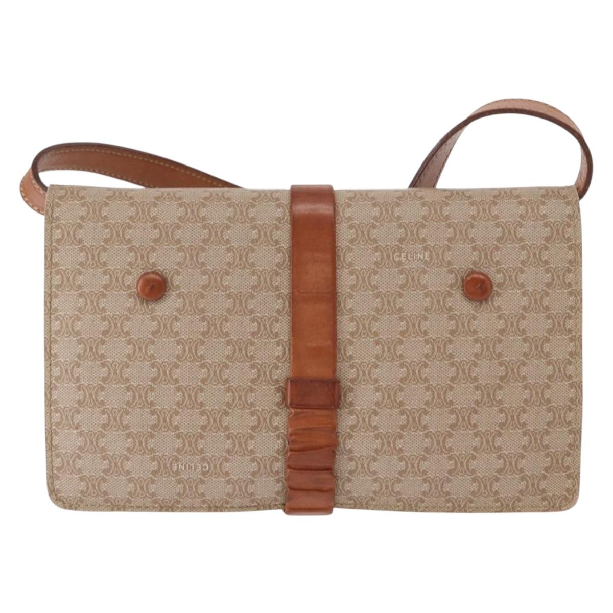 CELINE Macadam Canvas Shoulder Bag PVC Beige Gold Auth 159576