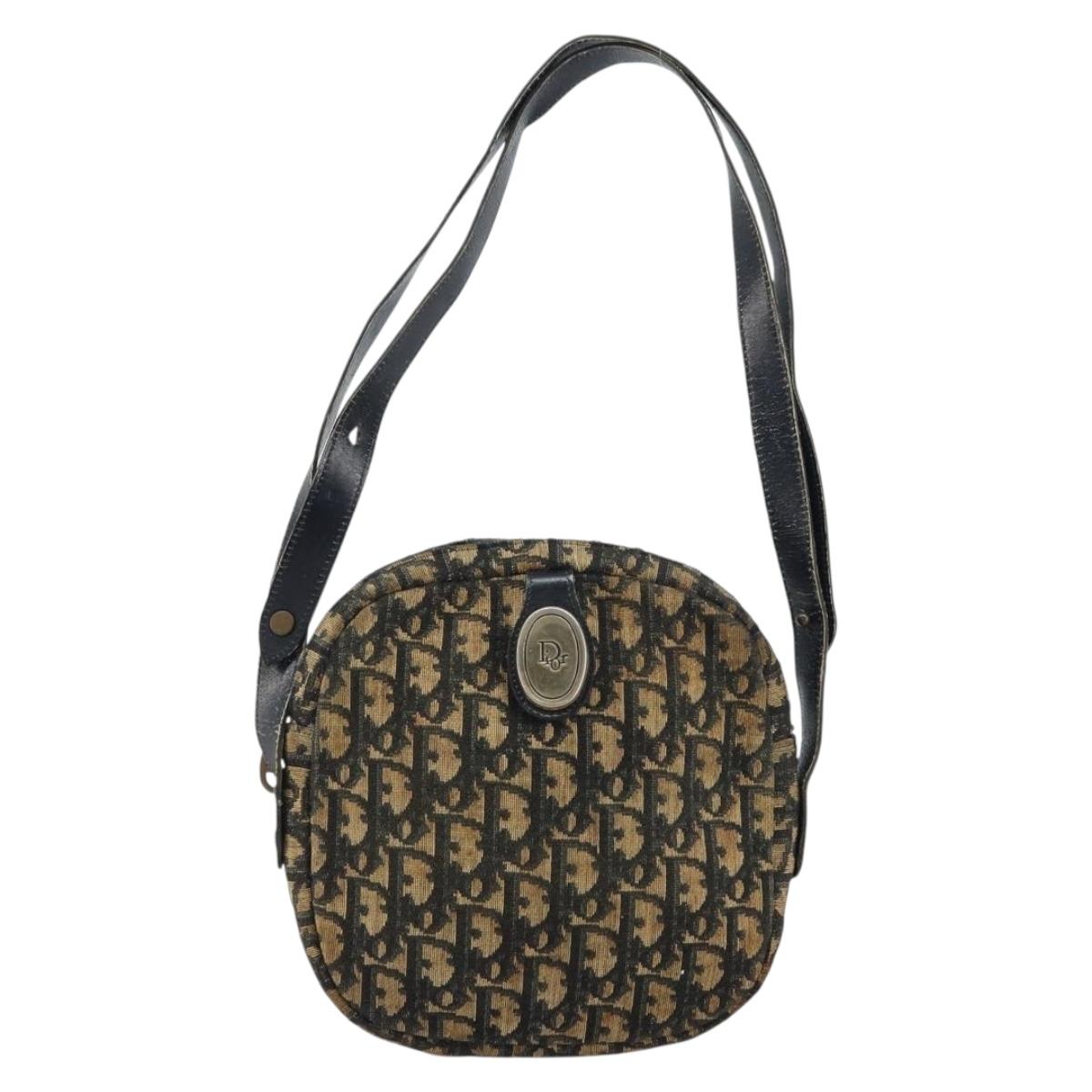 Christian Dior Trotter Canvas Shoulder Bag Navy Gold Auth 159578