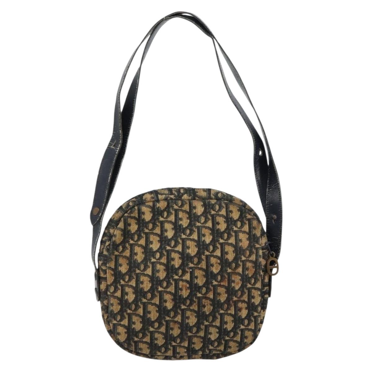 Christian Dior Trotter Canvas Shoulder Bag Navy Gold Auth 159578