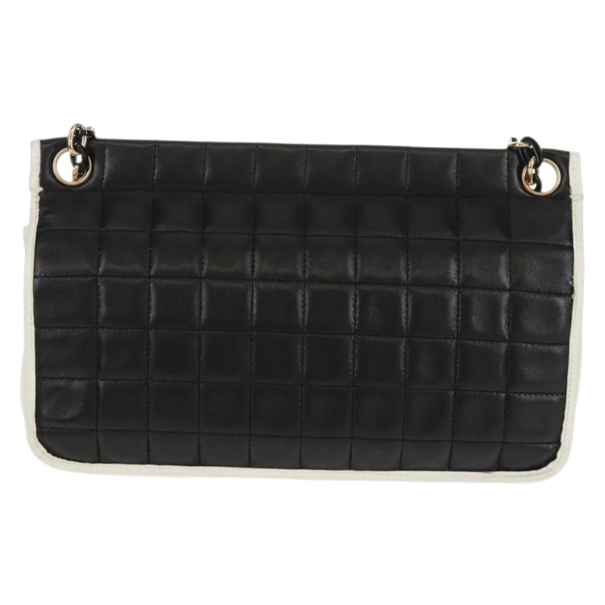 CHANEL Choco Bar Chain Shoulder Bag Lamb Skin Black White CC Auth 159582V