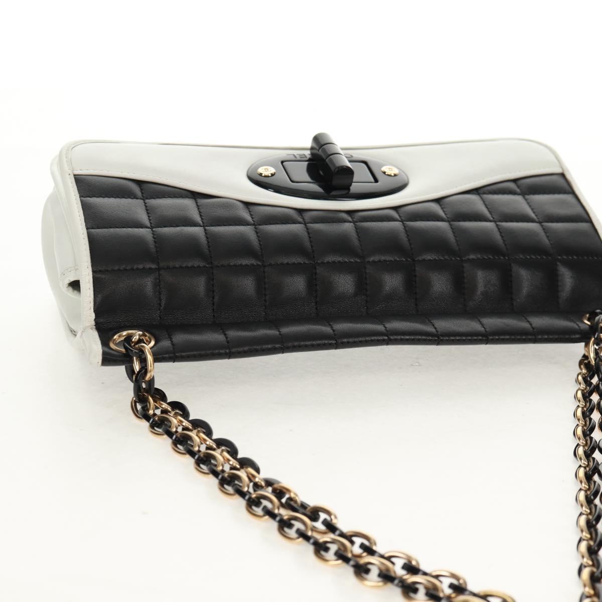 CHANEL Choco Bar Chain Shoulder Bag Lamb Skin Black White CC Auth 159582V
