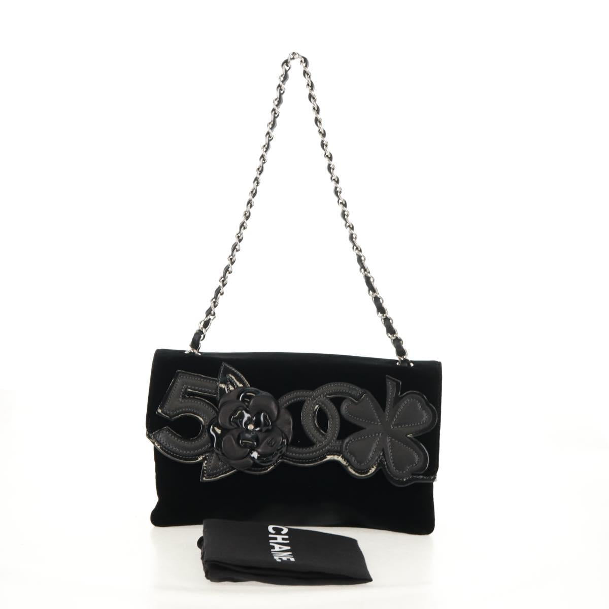 CHANEL Chain Camellia No.5 Shoulder Bag Velor Black Silver CC Auth 159584V
