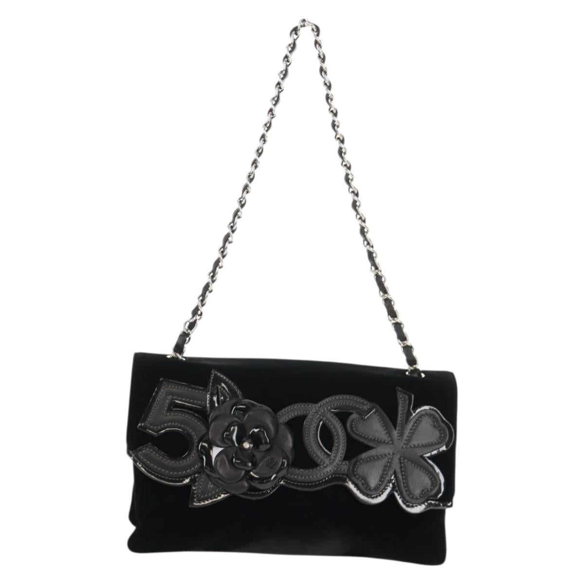 CHANEL Chain Camellia No.5 Shoulder Bag Velor Black Silver CC Auth 159584V