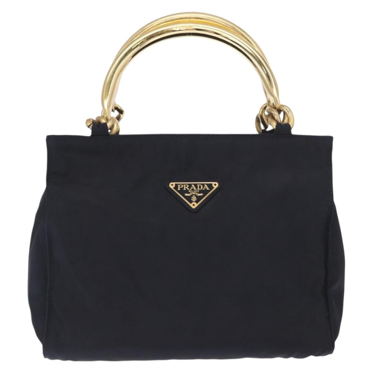 PRADA Hand Bag Nylon Navy Gold Auth 159587