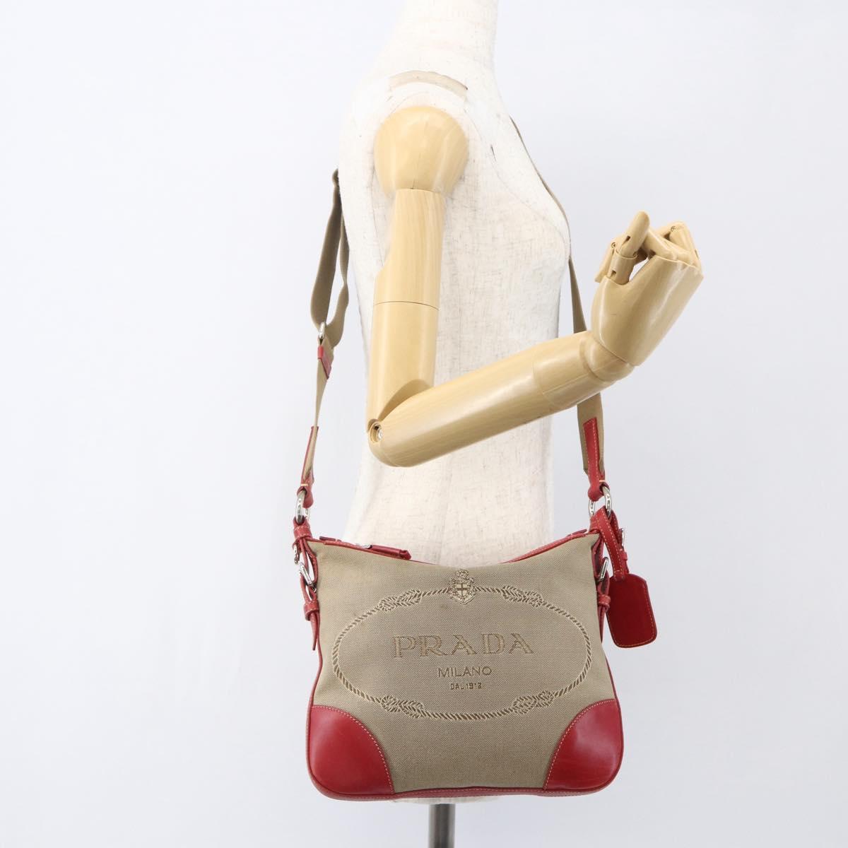 PRADA Shoulder Bag Canvas Beige Silver Auth 159720