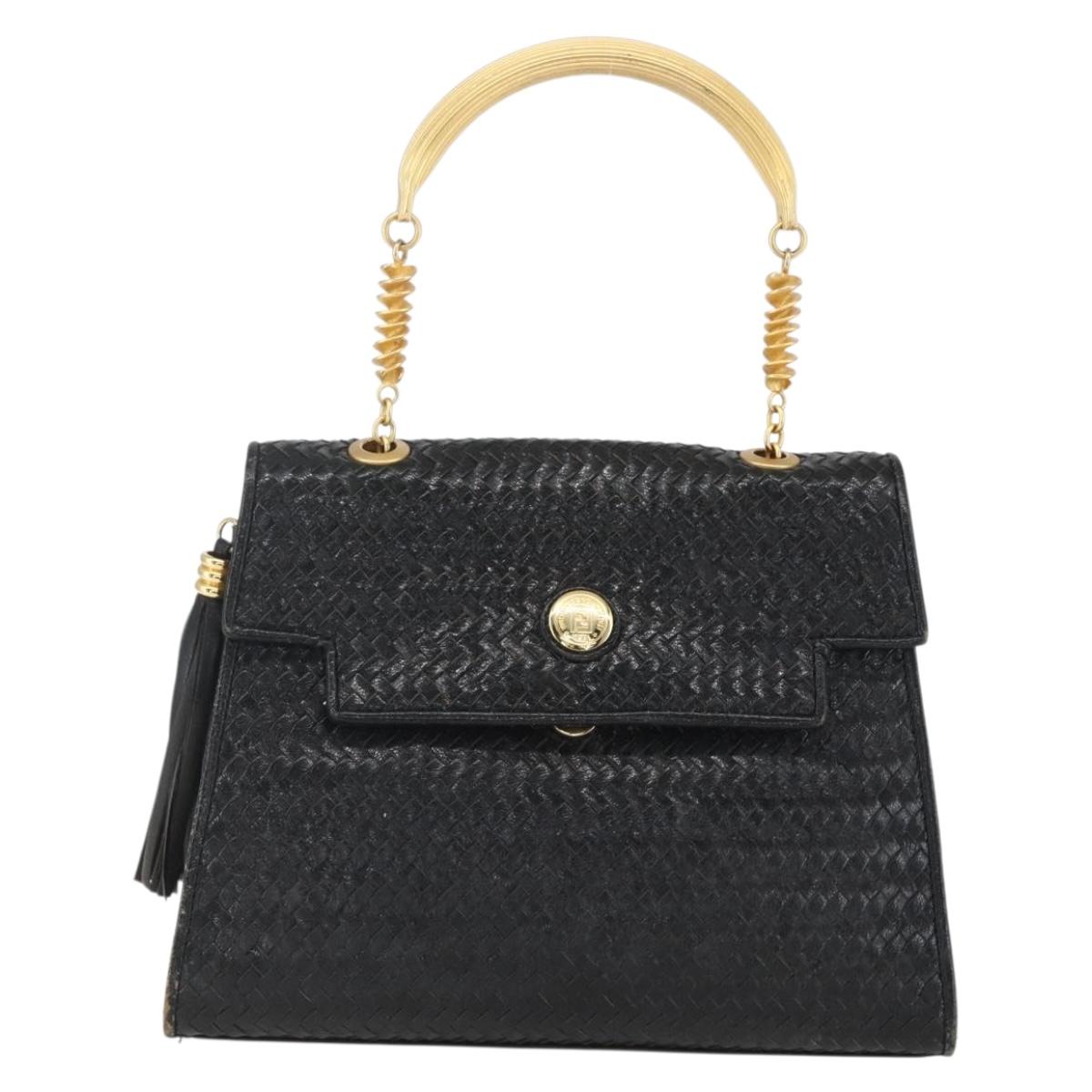 FENDI Hand Bag Leather Black Gold Auth 159731