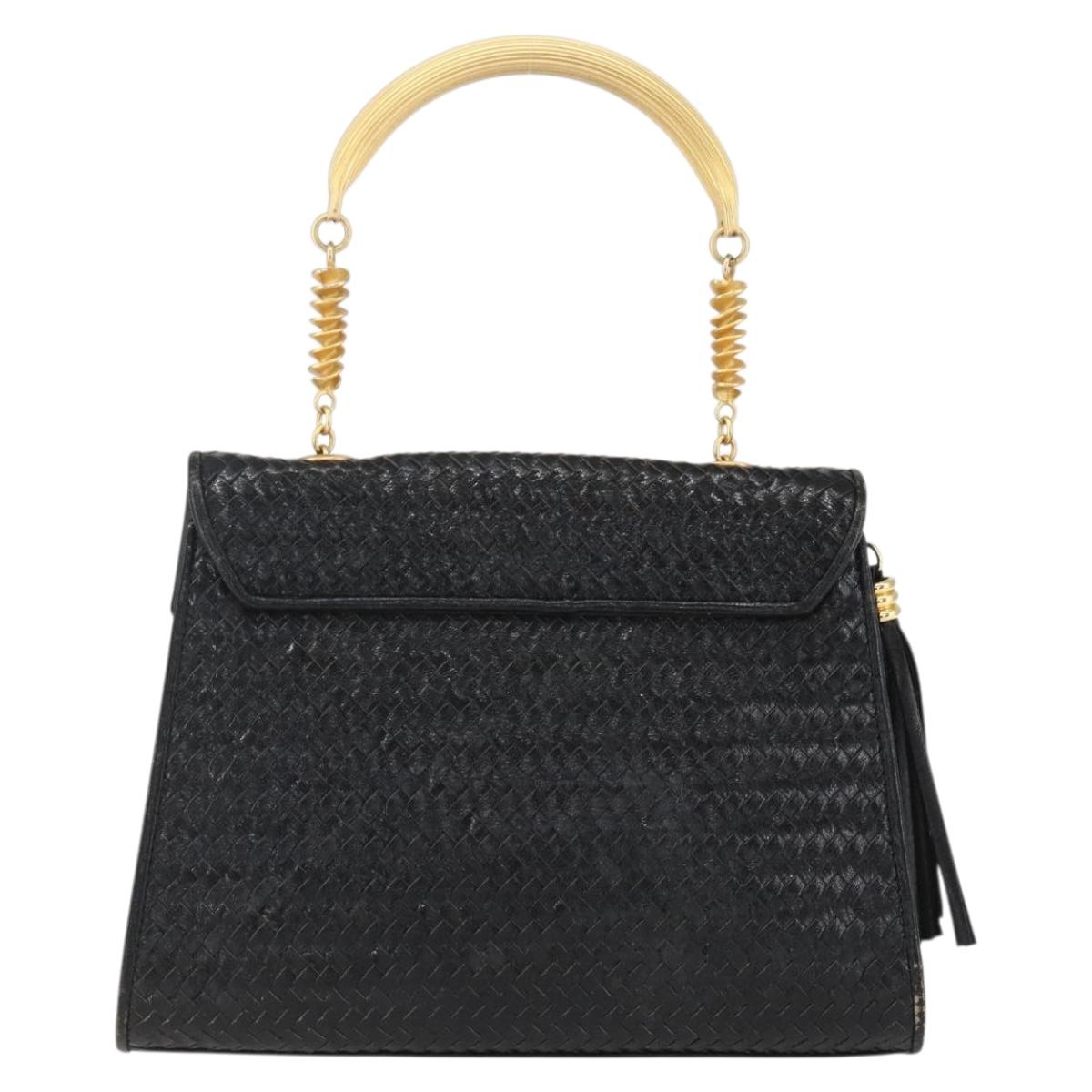 FENDI Hand Bag Leather Black Gold Auth 159731