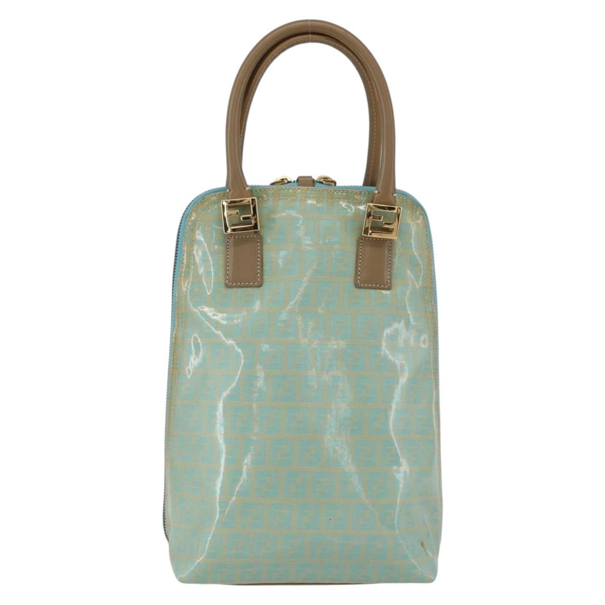 FENDI Zucchino Canvas Hand Bag Enamel Light Blue Gold Auth 159738