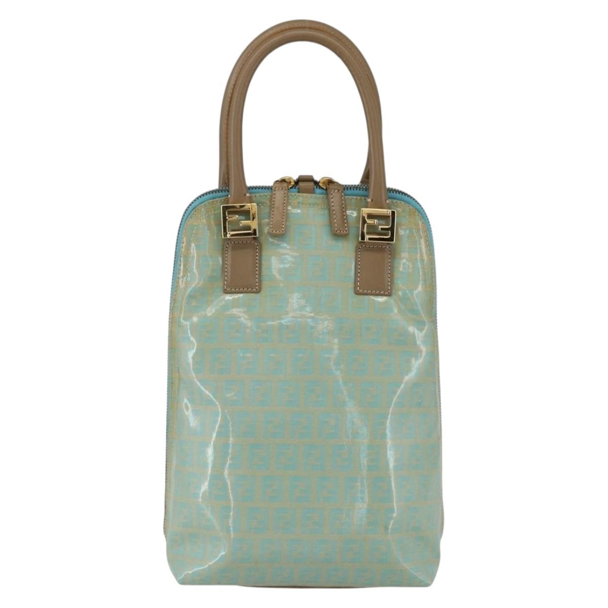 FENDI Zucchino Canvas Hand Bag Enamel Light Blue Gold Auth 159738