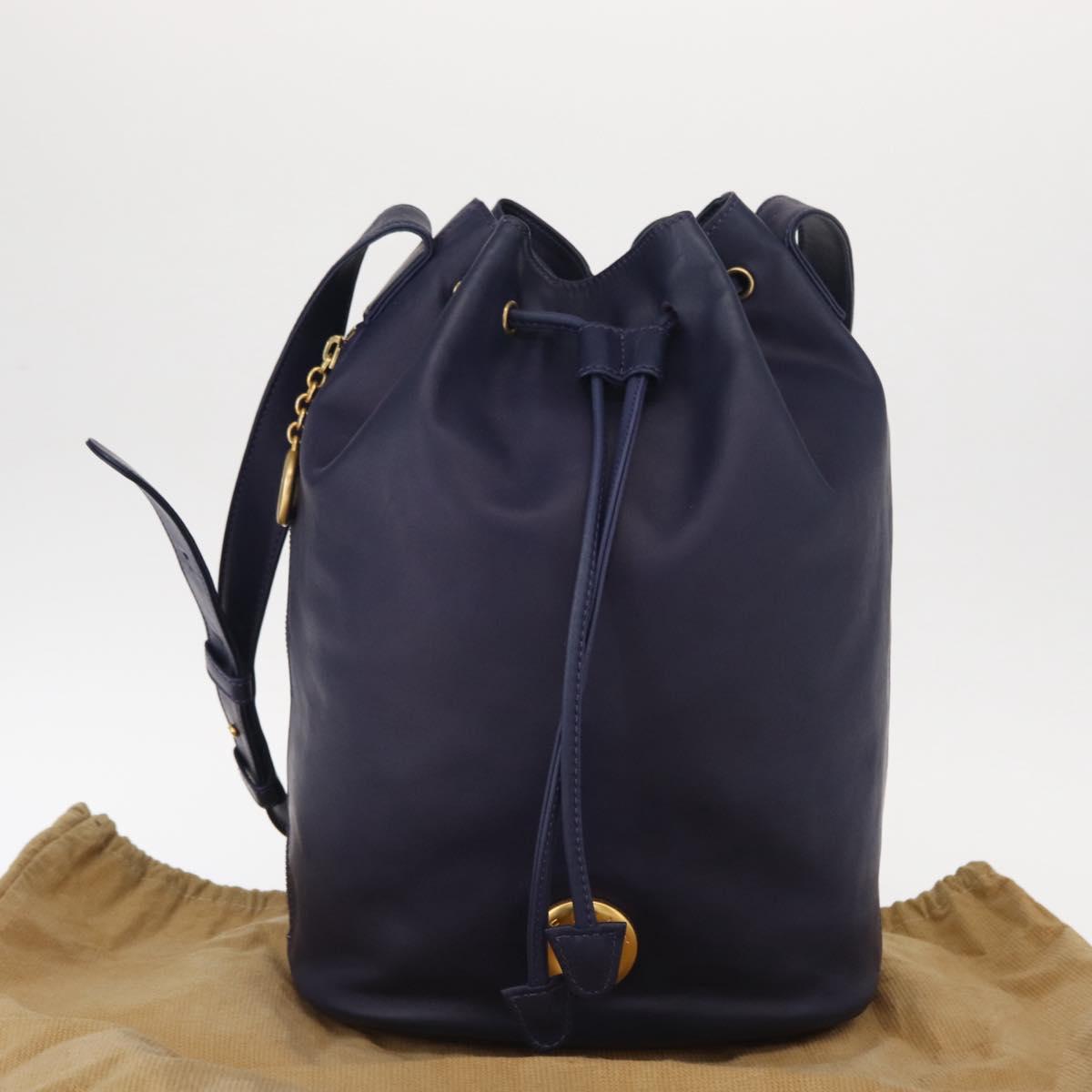 CELINE Circle Shoulder Bag Leather Navy Gold Auth 159739