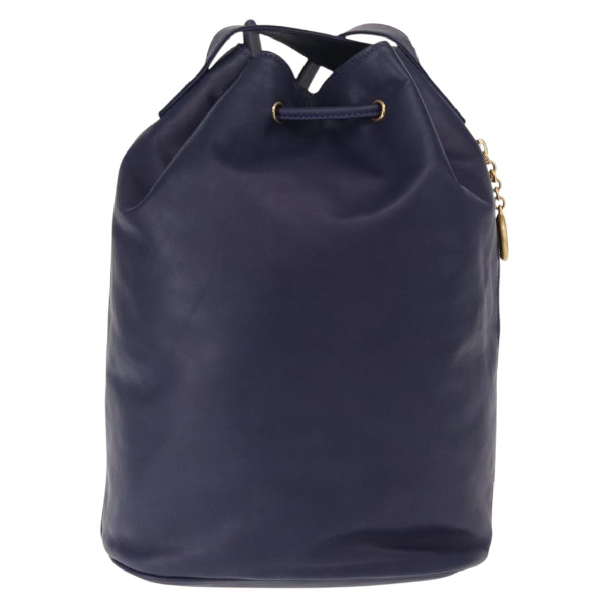 CELINE Circle Shoulder Bag Leather Navy Gold Auth 159739