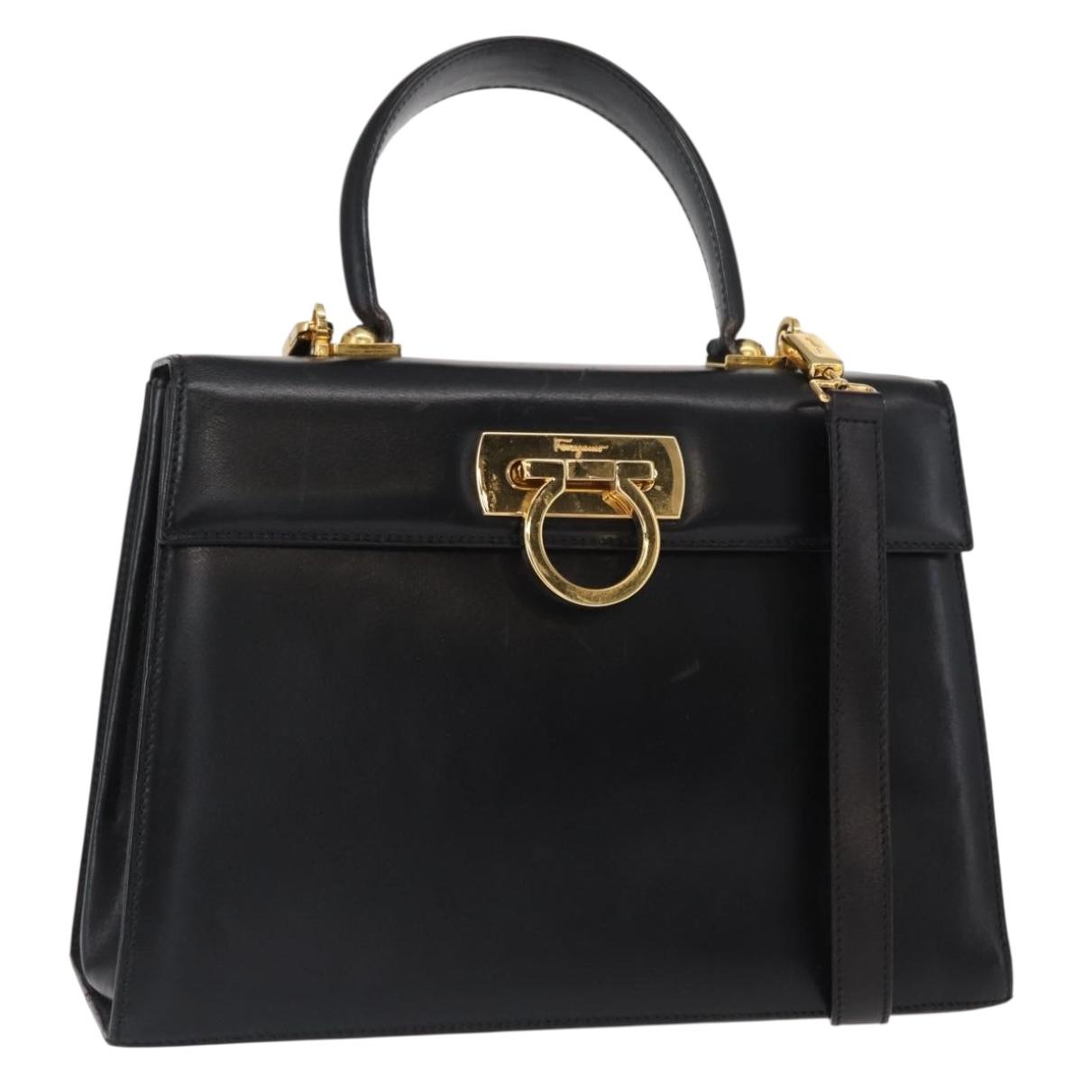 Salvatore Ferragamo Gancini Hand Bag Leather 2way Black Gold Auth 159742A