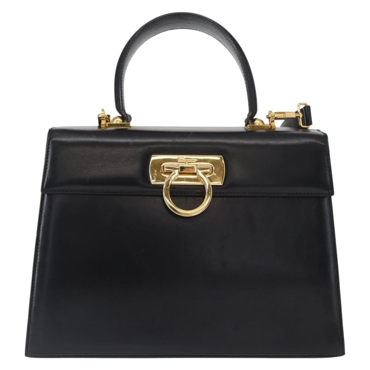 Salvatore Ferragamo Gancini Hand Bag Leather 2way Black Gold Auth 159742A