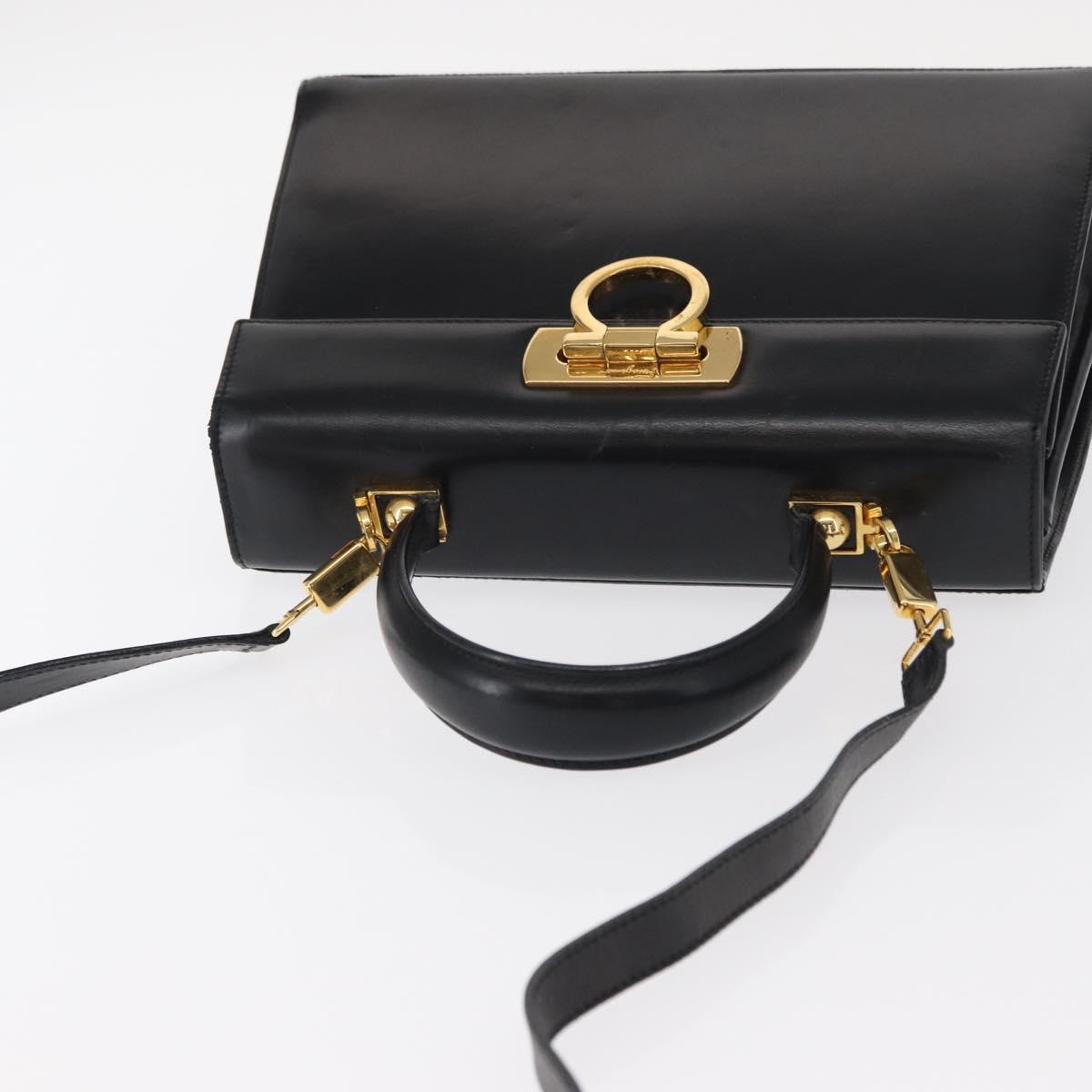 Salvatore Ferragamo Gancini Hand Bag Leather 2way Black Gold Auth 159742A
