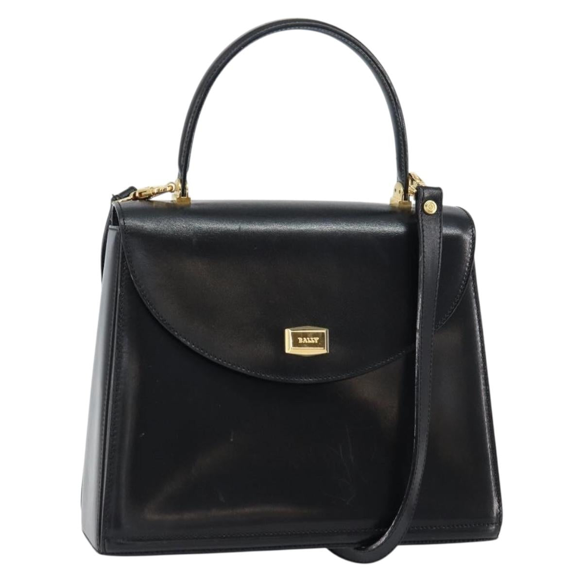 BALLY Hand Bag Leather 2way Black Gold Auth 159743