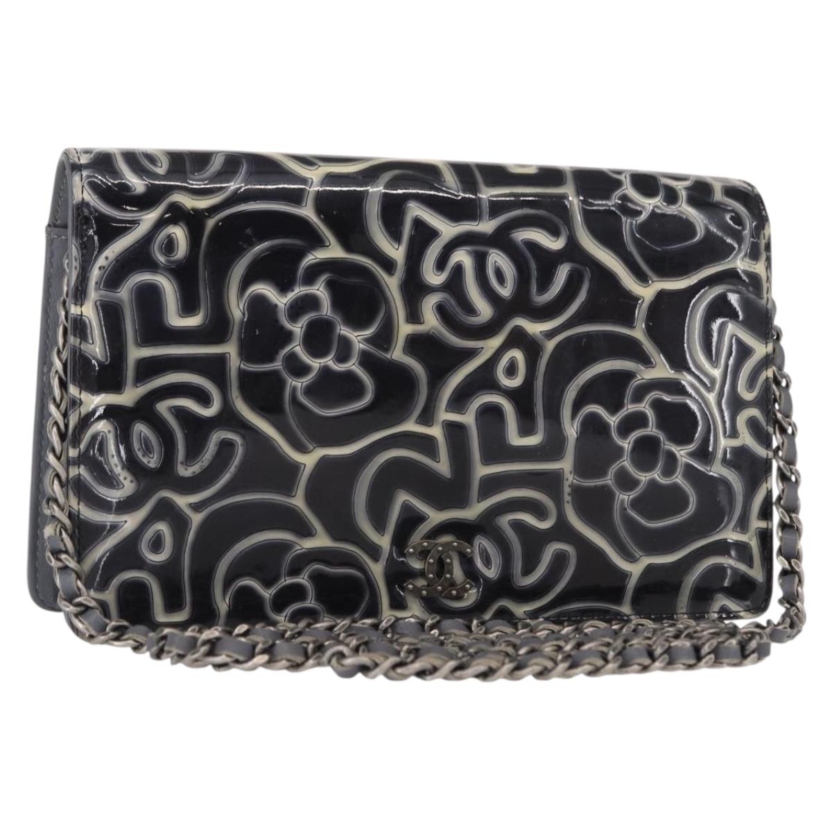 CHANEL Camellia COCO Mark Chain Wallet Patent leather Gray Silver CC Auth 159748
