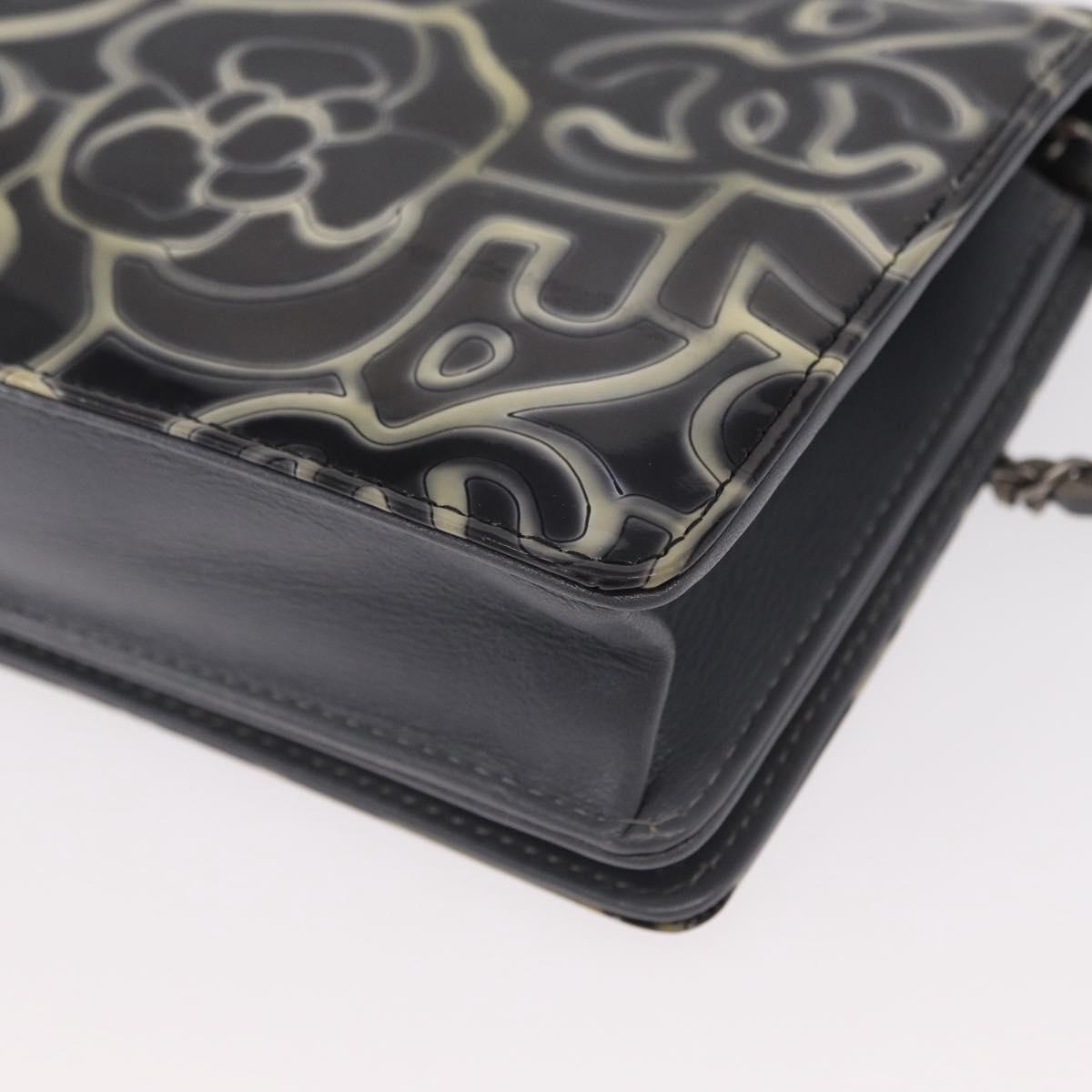 CHANEL Camellia COCO Mark Chain Wallet Patent leather Gray Silver CC Auth 159748