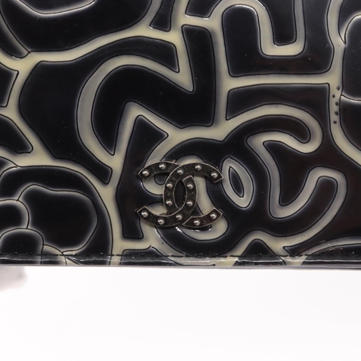 CHANEL Camellia COCO Mark Chain Wallet Patent leather Gray Silver CC Auth 159748