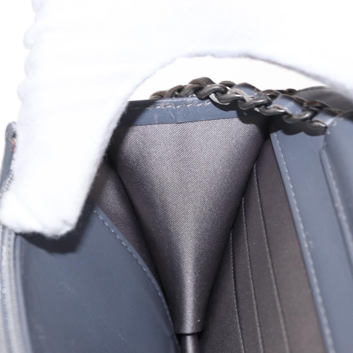 CHANEL Camellia COCO Mark Chain Wallet Patent leather Gray Silver CC Auth 159748