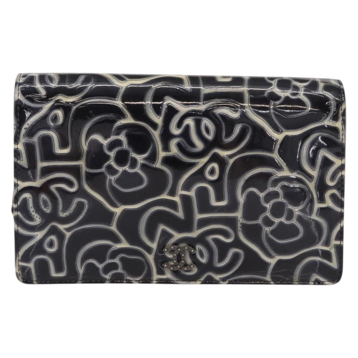 CHANEL Camellia COCO Mark Chain Wallet Patent leather Gray Silver CC Auth 159748
