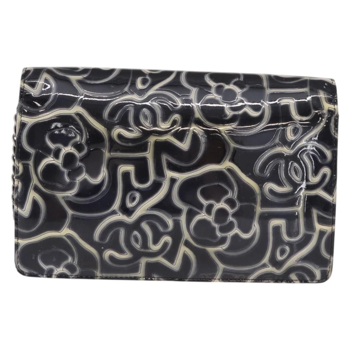 CHANEL Camellia COCO Mark Chain Wallet Patent leather Gray Silver CC Auth 159748