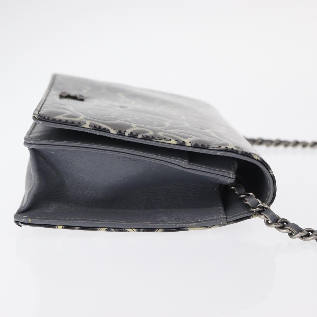 CHANEL Camellia COCO Mark Chain Wallet Patent leather Gray Silver CC Auth 159748