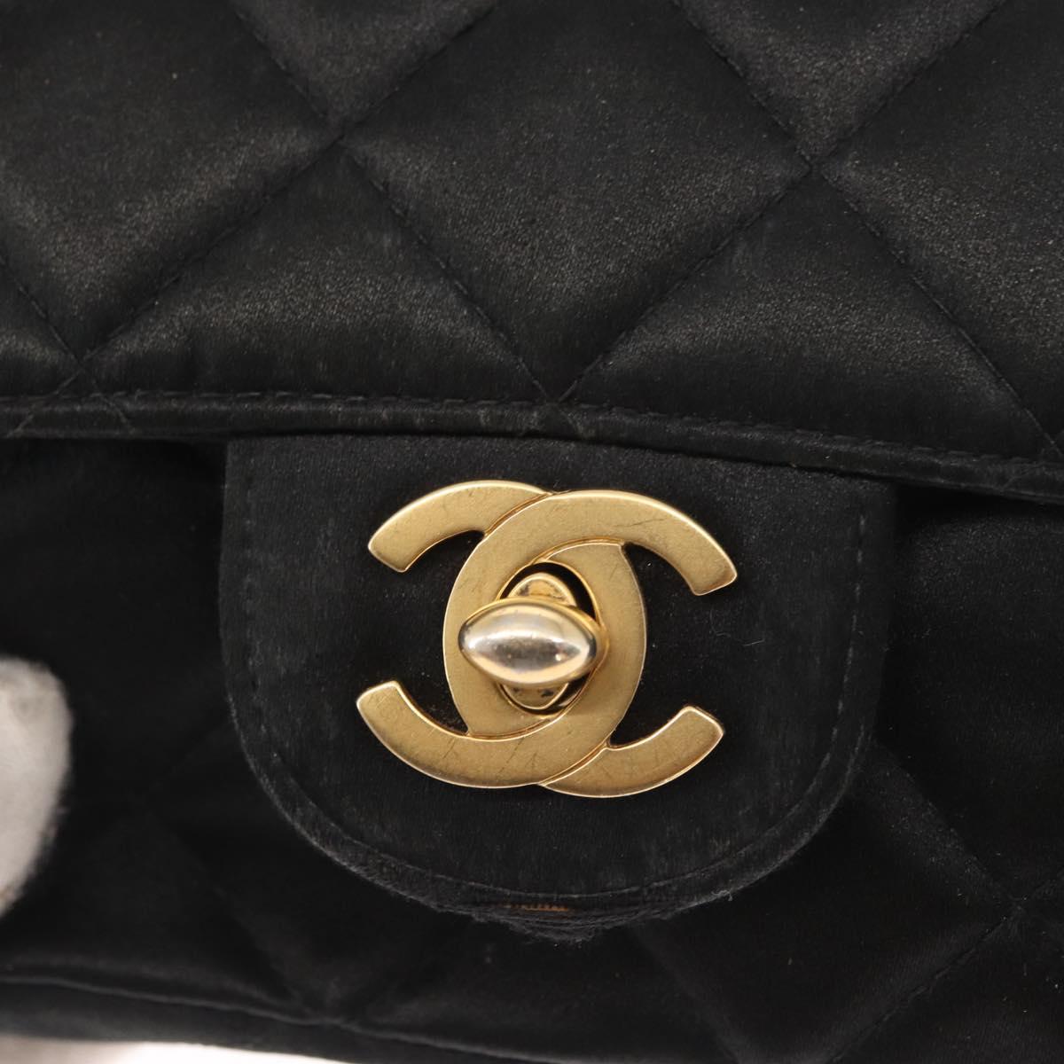 CHANEL Matelasse Chain Shoulder Bag Satin Black Gold CC Auth 159749