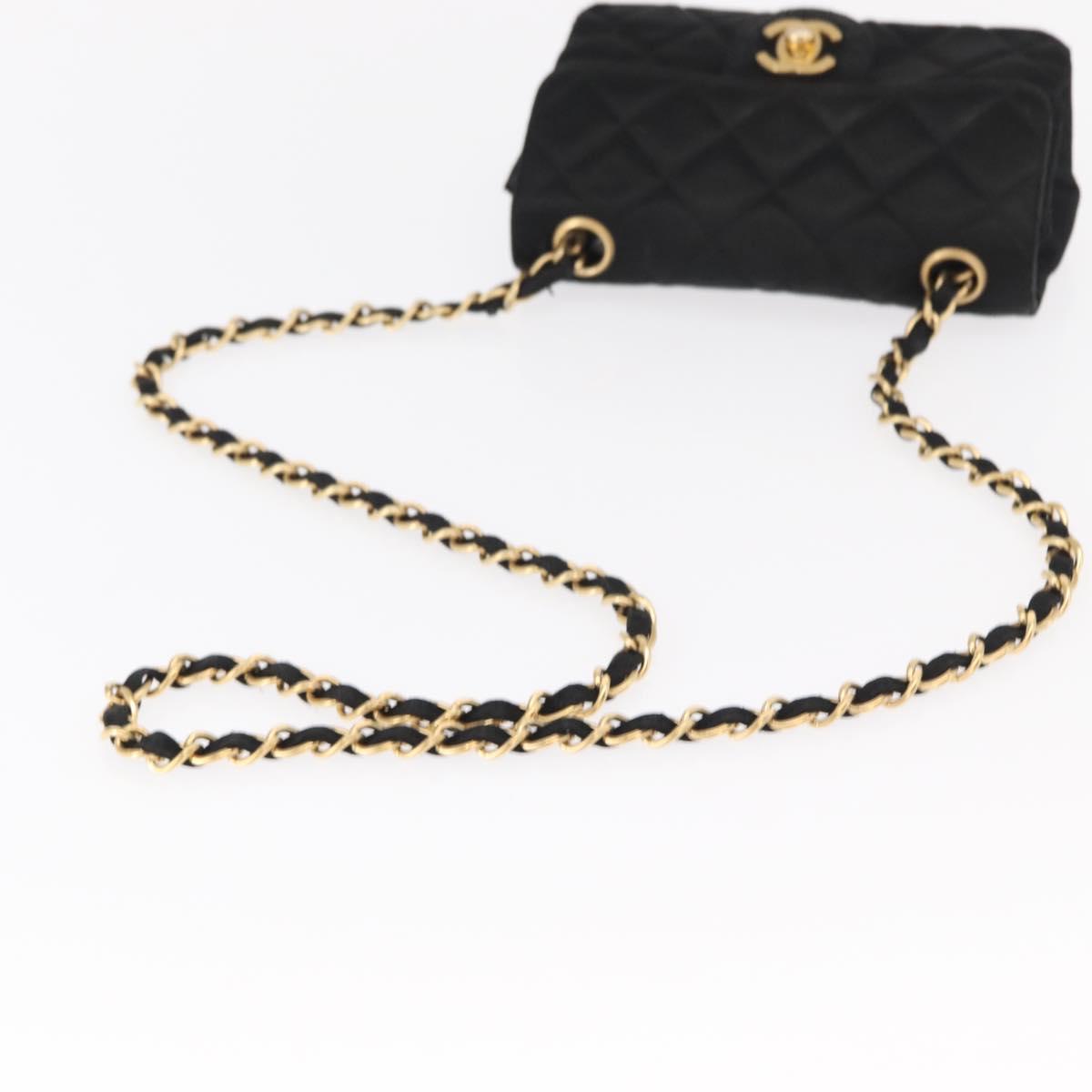CHANEL Matelasse Chain Shoulder Bag Satin Black Gold CC Auth 159749