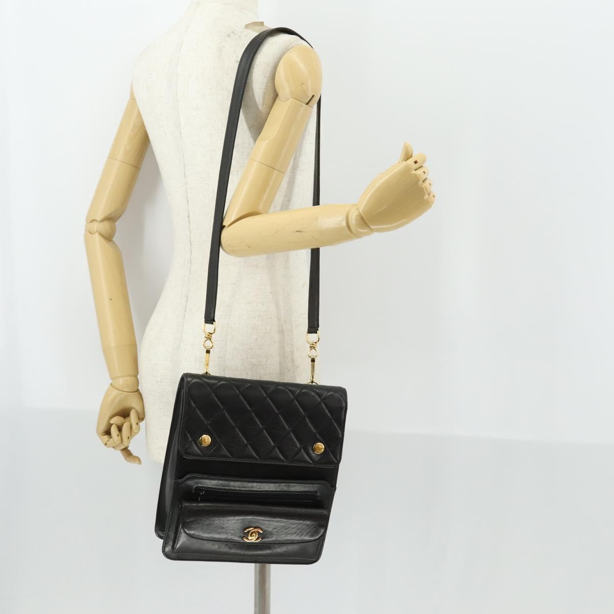 CHANEL Matelasse Chain Shoulder Bag Lamb Skin Black Gold CC Auth 159827SAV
