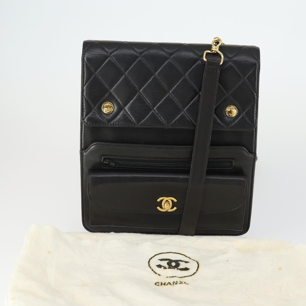 CHANEL Matelasse Chain Shoulder Bag Lamb Skin Black Gold CC Auth 159827SAV
