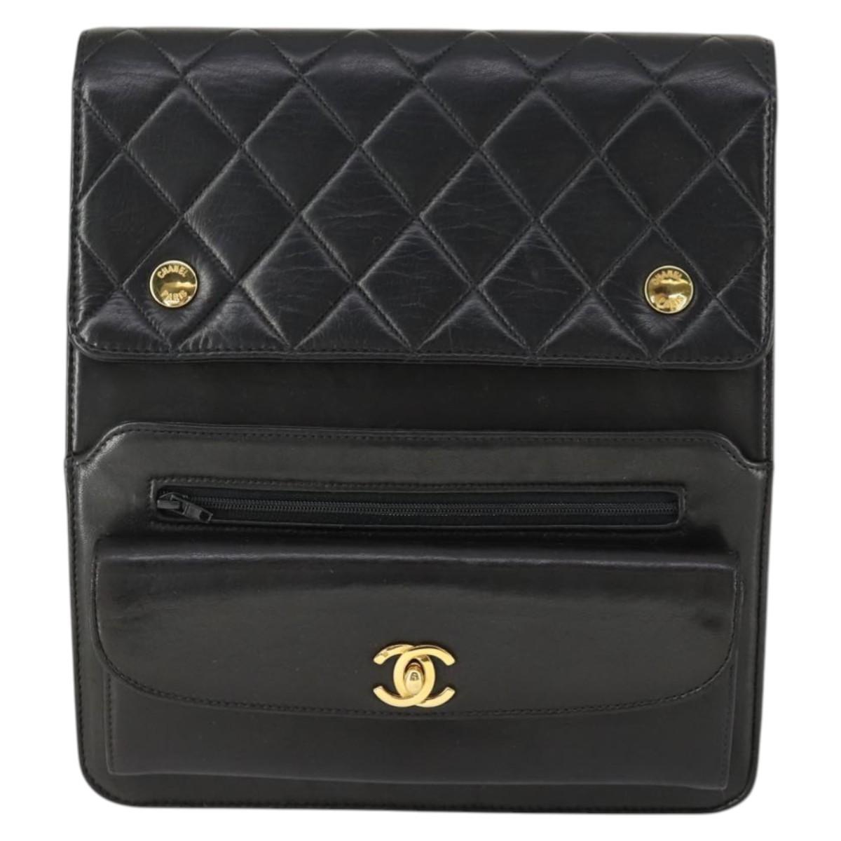 CHANEL Matelasse Chain Shoulder Bag Lamb Skin Black Gold CC Auth 159827SAV