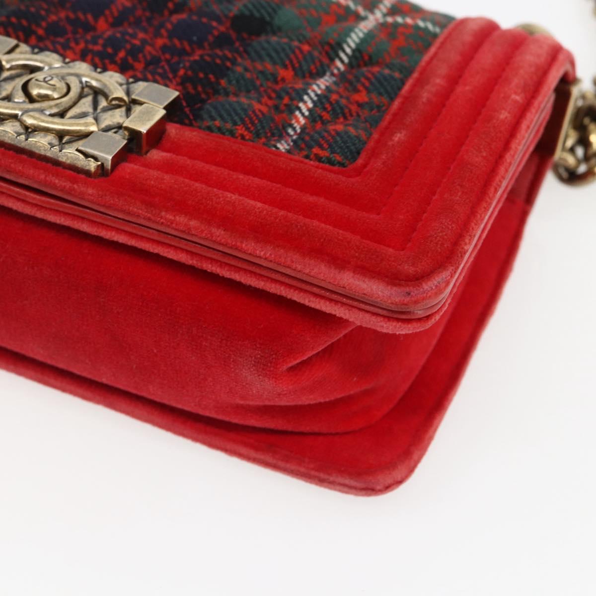 CHANEL Boy Chanel Chain Shoulder Bag Velor Red Gold CC Auth 159847V