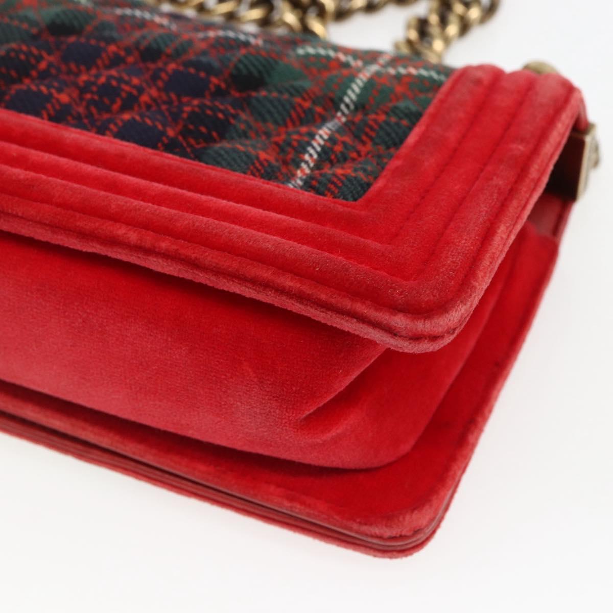 CHANEL Boy Chanel Chain Shoulder Bag Velor Red Gold CC Auth 159847V