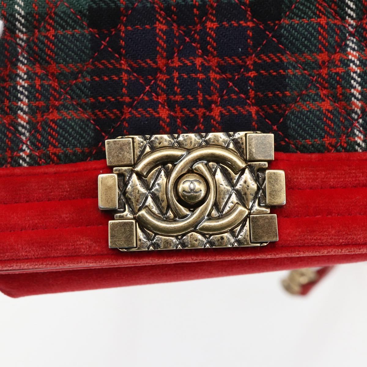 CHANEL Boy Chanel Chain Shoulder Bag Velor Red Gold CC Auth 159847V