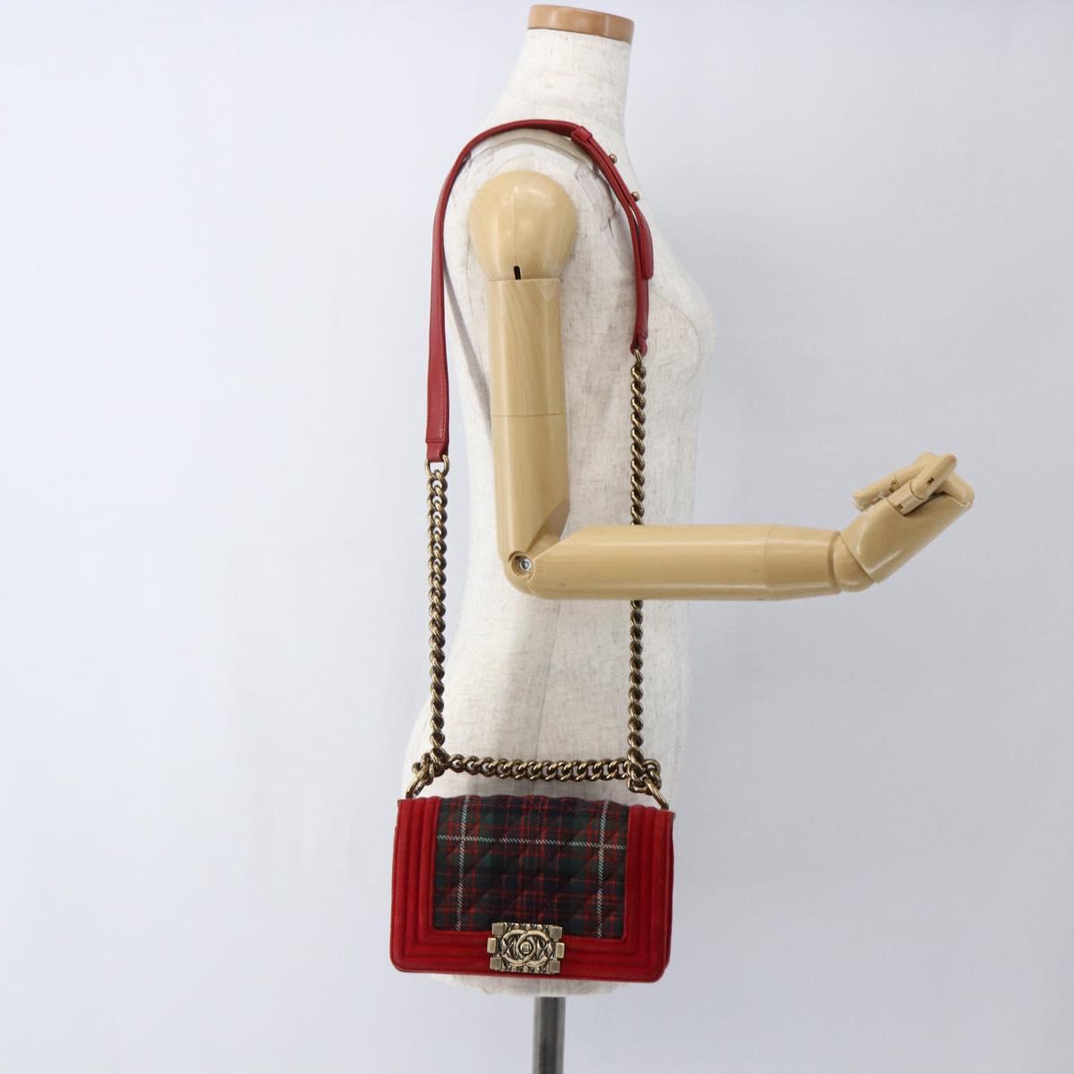 CHANEL Boy Chanel Chain Shoulder Bag Velor Red Gold CC Auth 159847V