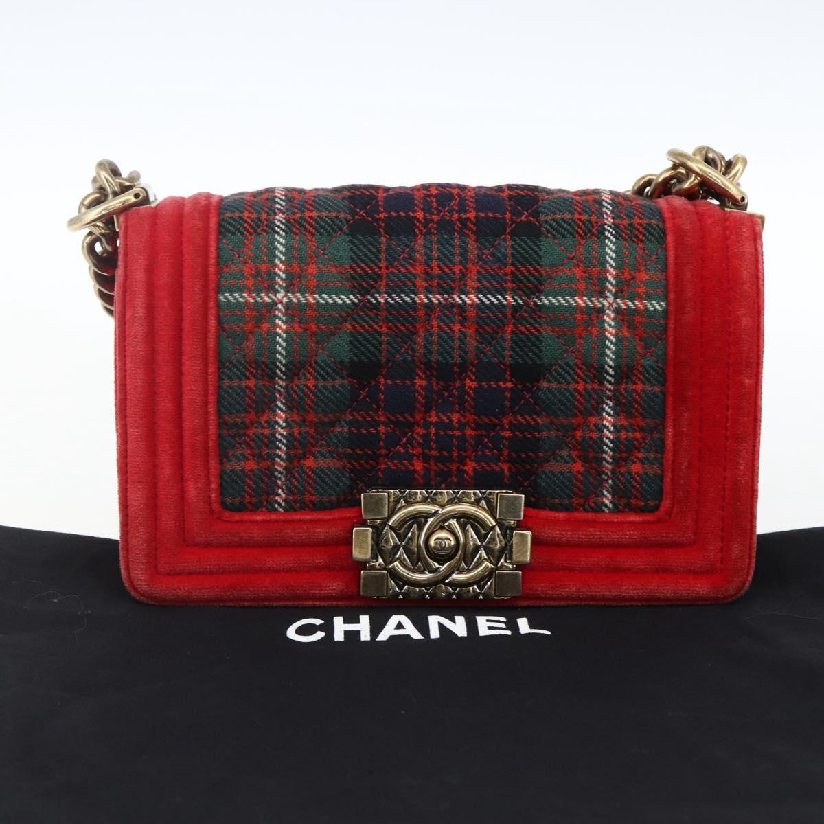 CHANEL Boy Chanel Chain Shoulder Bag Velor Red Gold CC Auth 159847V