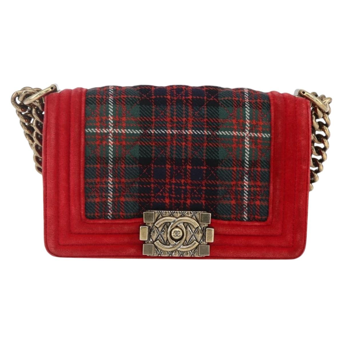 CHANEL Boy Chanel Chain Shoulder Bag Velor Red Gold CC Auth 159847V