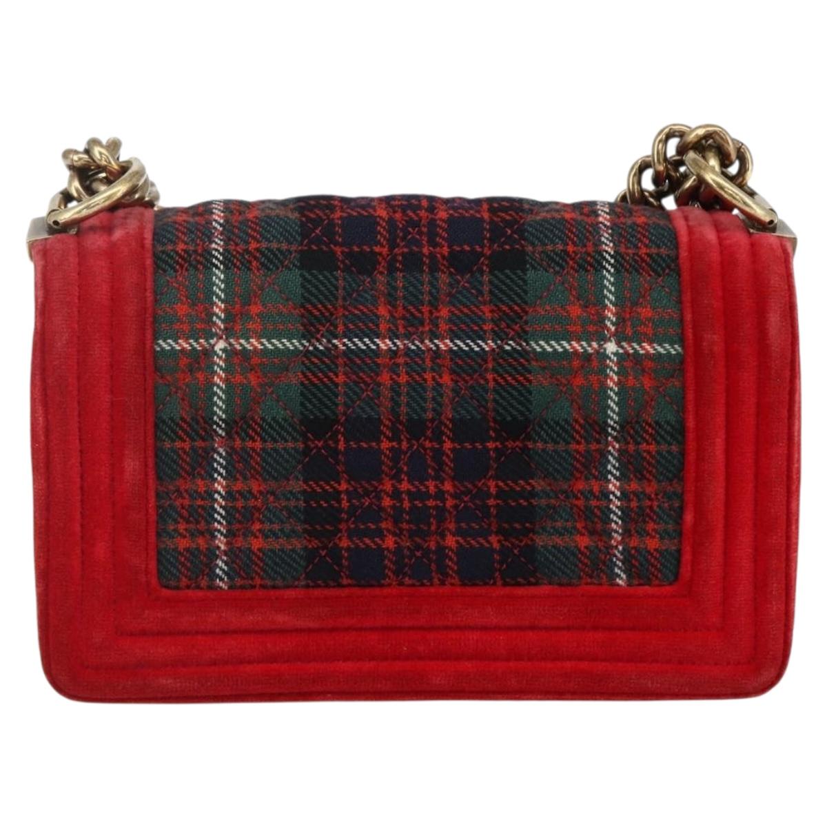 CHANEL Boy Chanel Chain Shoulder Bag Velor Red Gold CC Auth 159847V