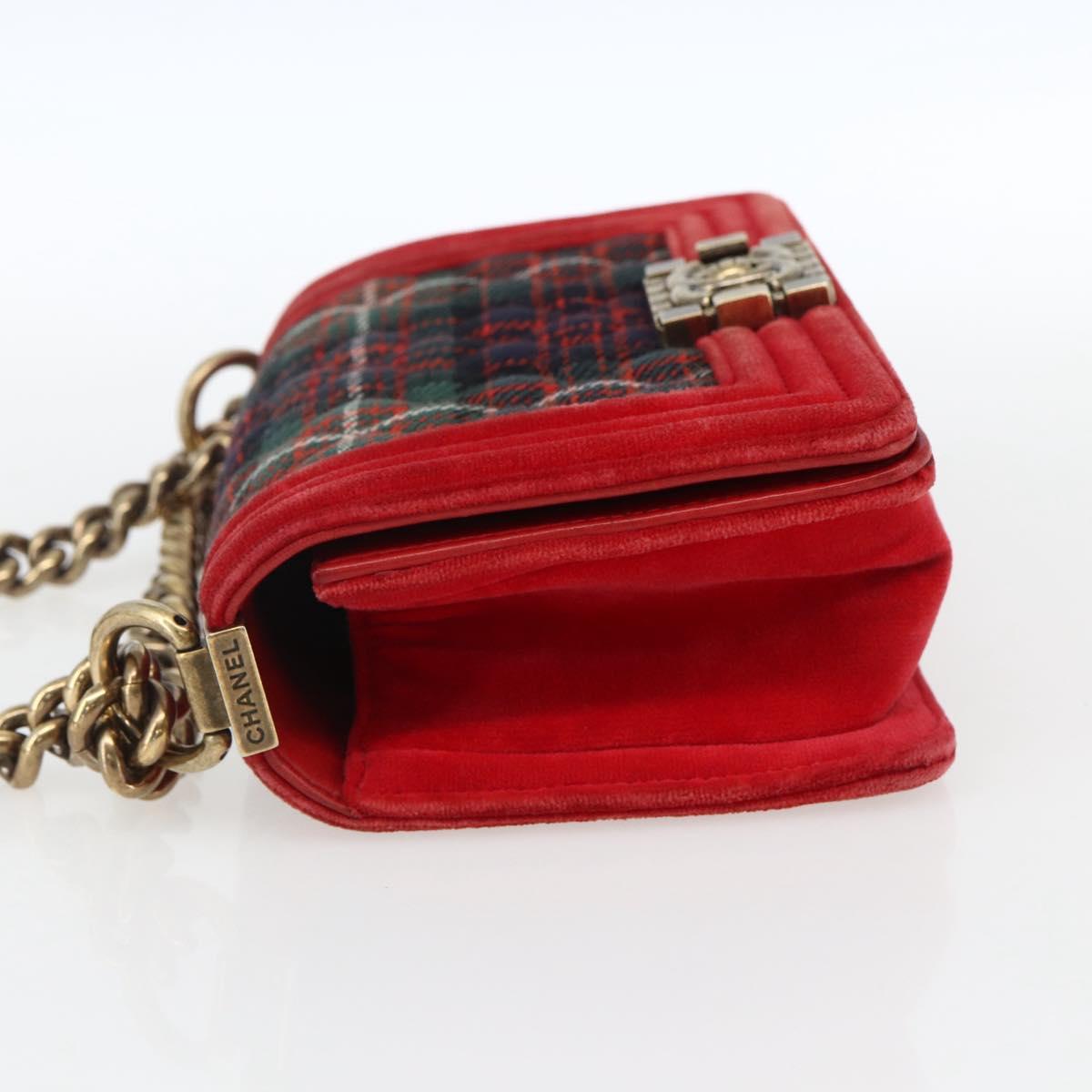 CHANEL Boy Chanel Chain Shoulder Bag Velor Red Gold CC Auth 159847V