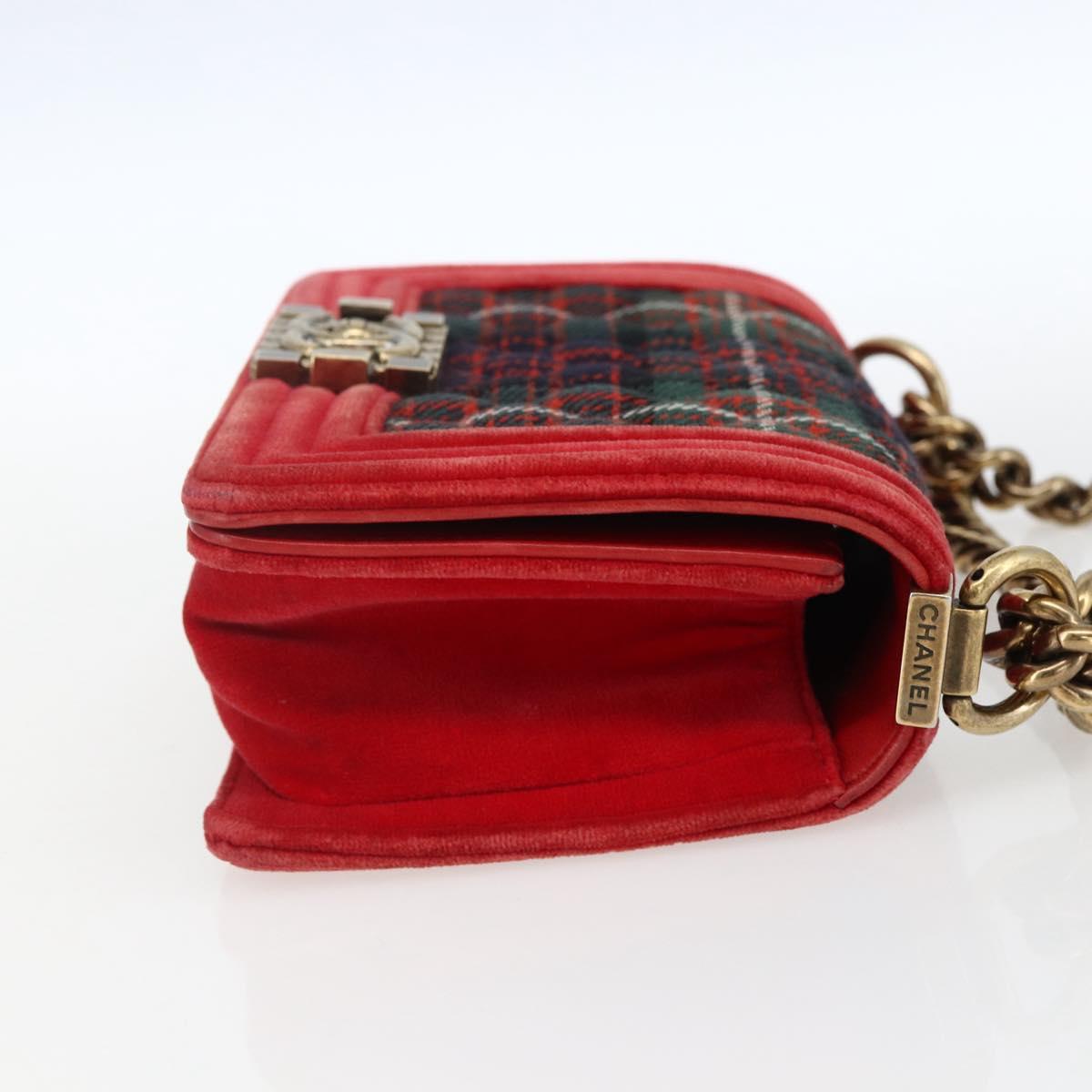 CHANEL Boy Chanel Chain Shoulder Bag Velor Red Gold CC Auth 159847V