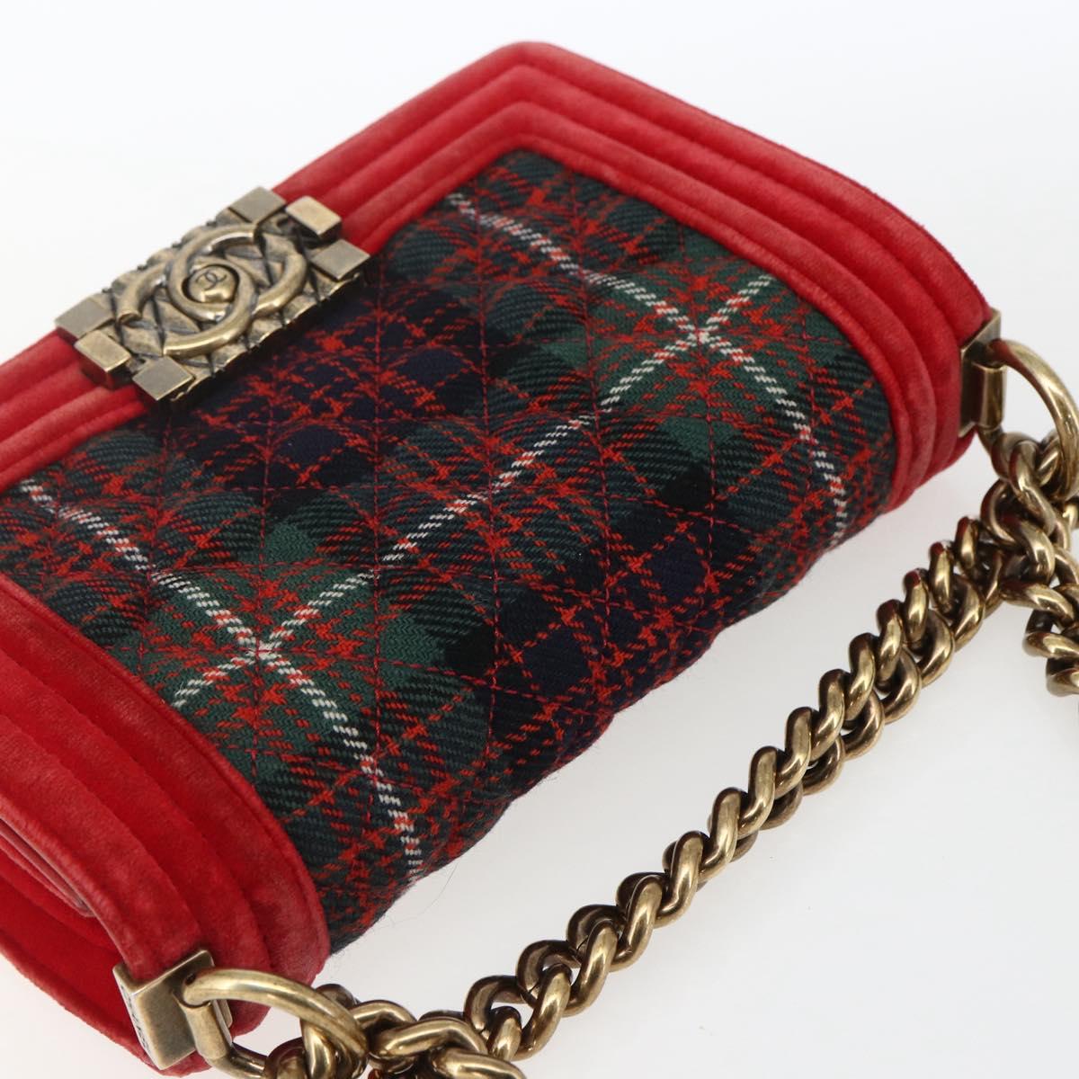 CHANEL Boy Chanel Chain Shoulder Bag Velor Red Gold CC Auth 159847V