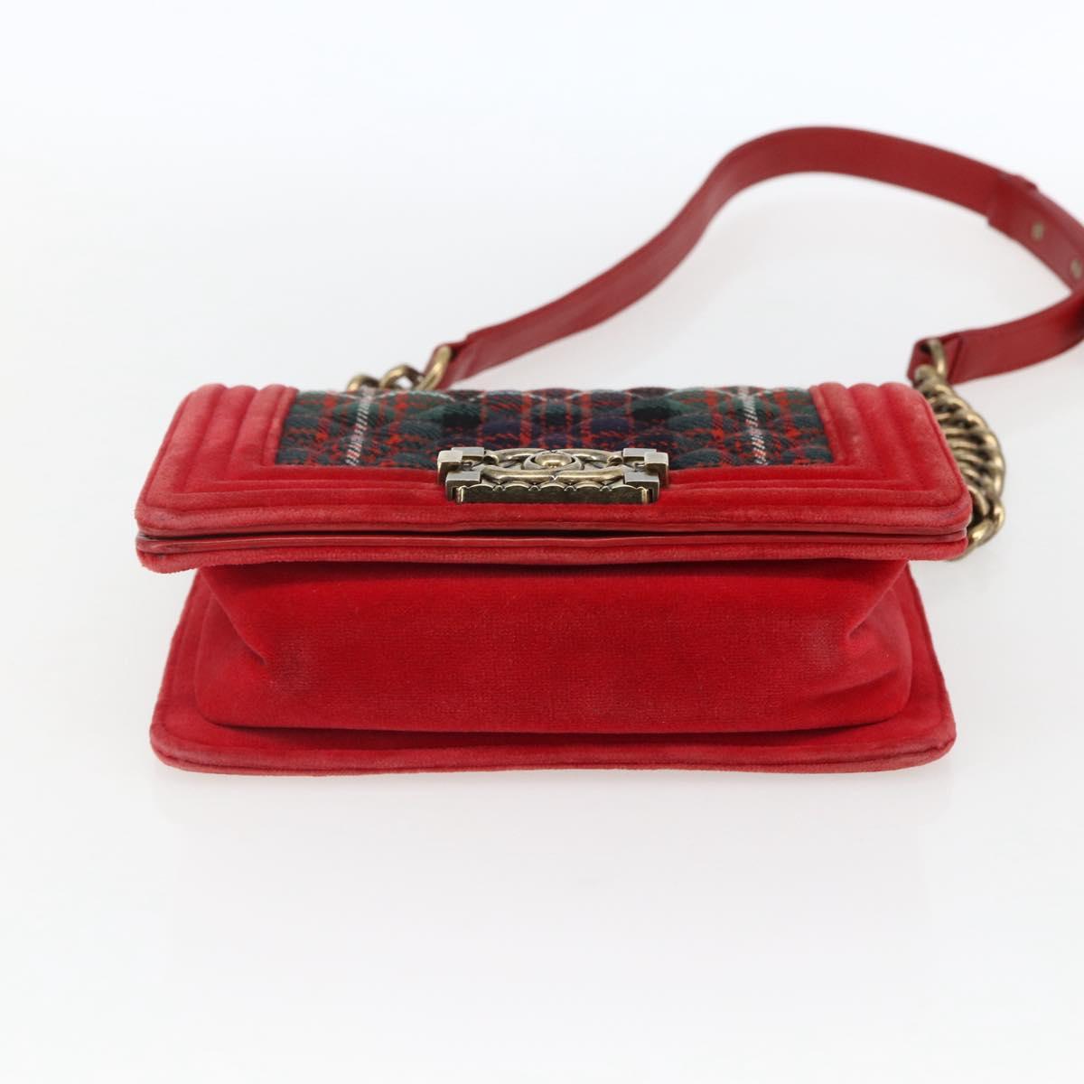 CHANEL Boy Chanel Chain Shoulder Bag Velor Red Gold CC Auth 159847V